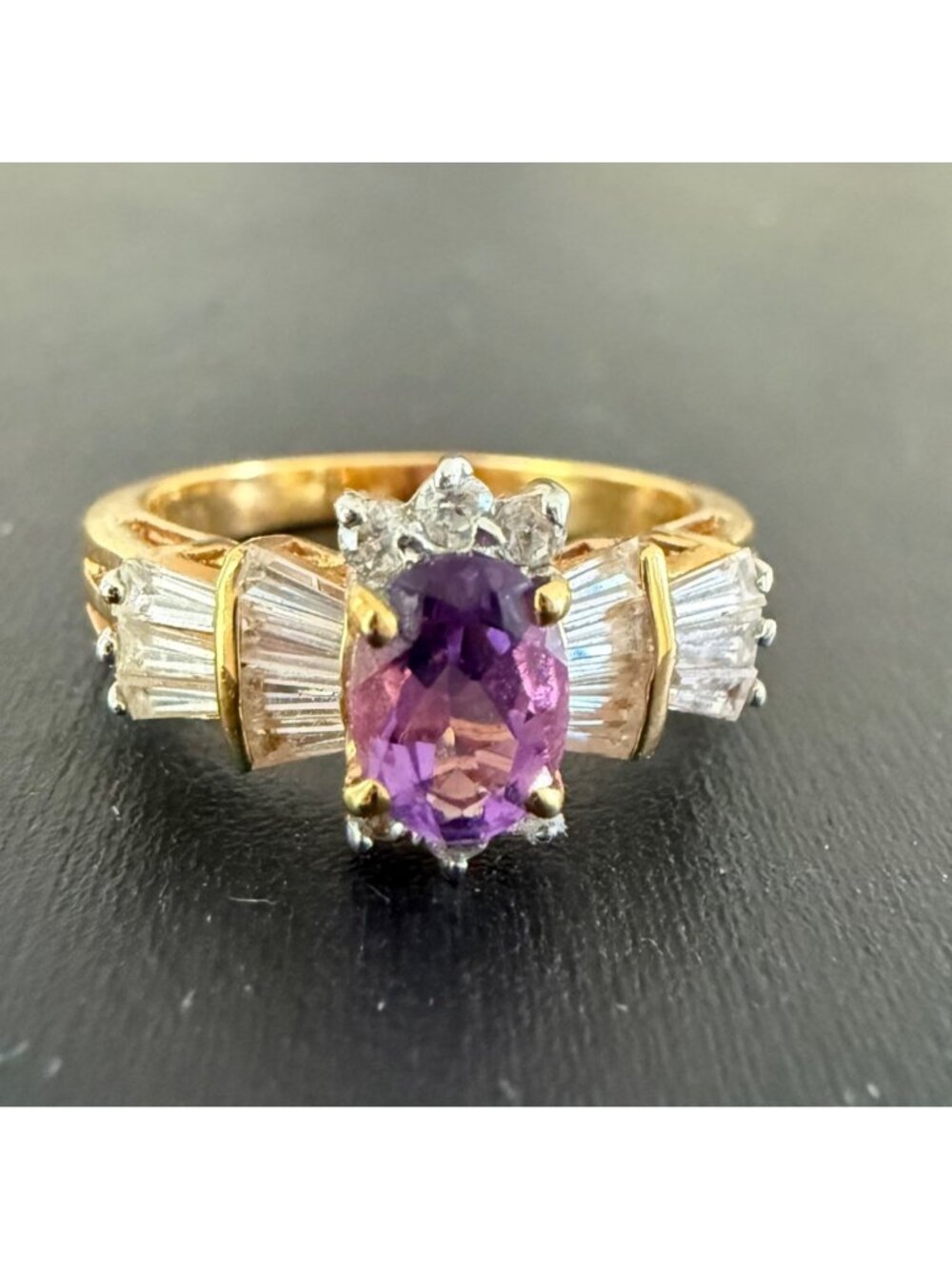 Amethyst Oval-Cut Gold-Plated Ring With Baguette Accents